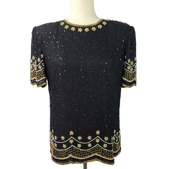 Laurence Kazar Black Gold White Silk Sequin Beads Vintage Top Shirt Medium - Picture 1 of 4